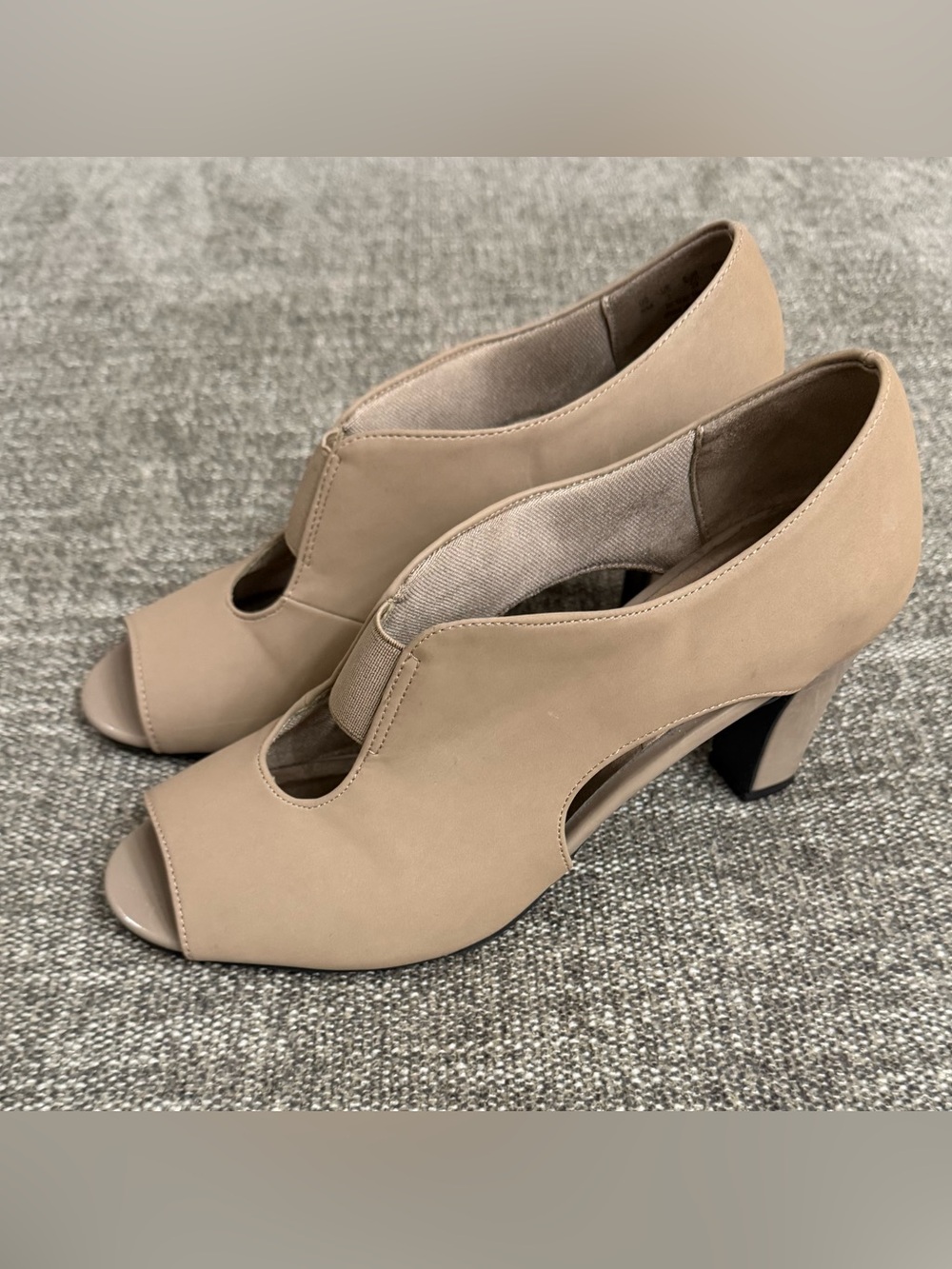 Life Stride Taupe Open-Toe Block Heel Booties